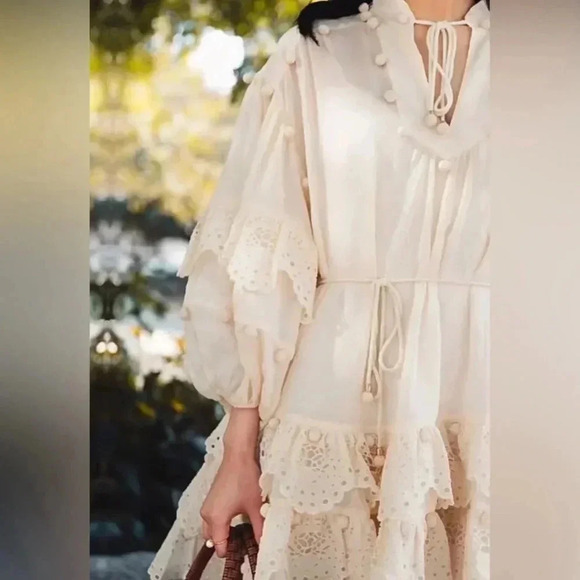 Zimmermann Lyre Lace Trim Embroidered Mini Dress Crochet Balloon Sleeve Cream 3 - Picture 12 of 13